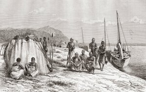 Congolese stamleden bij hun boten aan de Congo-rivier in de 19e eeuw, uit 